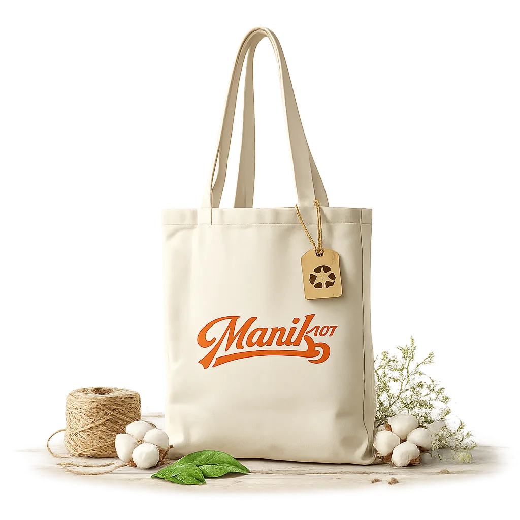 Ecobag personalizada Manik107 sustentável, ao lado de algodão e elementos naturais