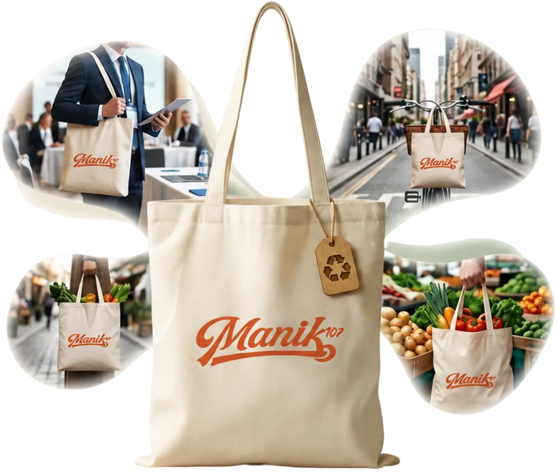Ecobag personalizada Manik107 em uso por clientes no trabalho, na rua, no mercado e em compras do dia a dia